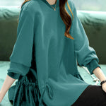 Loose Green O-Neck Patchwork Drawstring Sweatshirts Top Long Sleeve