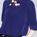 Elegant Blackish Green Stand Collar Floral Silk Velour Top Short Sleeve