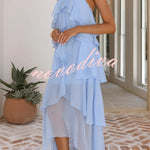 Solid Color Chiffon Halter Neck Elegant Ruffle Maxi Dress