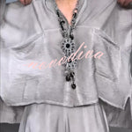 Melissa V-neck Sheer Batwing Sleeve Loose Blouse and Elastic Waist Pocketed Bell Hem Pants Set