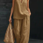 Linen Blend Solid Color V-neck Sleeveless Loose Top and Elastic Waist Casual Pocket Pants Set