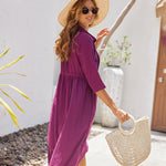 Zeagoo Women's Casual Lapel Neck Button Long Sleeve Drawstring Cotton Linen Shirt Dress