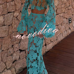 Kylee Floral Cutout Embroidered High Neck Bell Sleeve Crop Top and High Rise Flare Maxi Skirt Set