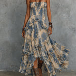 Elegant strapless printed chiffon maxi dress with  ruffles