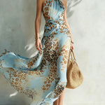 Flowy blue leopard-print chiffon maxi dress