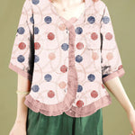 Fashion Red Ruffled Button Patchwork Linen Blouse Top Summer
