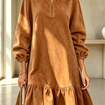 Suede Zipper Neck Long Balloon Sleeve Ruffle Hem Mini Dress