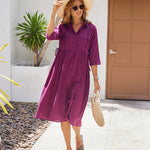 Zeagoo Women's Casual Lapel Neck Button Long Sleeve Drawstring Cotton Linen Shirt Dress