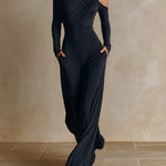 Black One‑Shoulder Party Wide‑Leg Jumpsuit