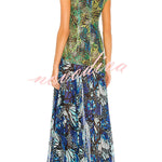 Ellie Color Block Butterfly Print Cutout Design Stand Neck Chiffon Hem Midi Dress