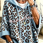 Comfortable and Casual Knit Leopard Print Half Sleeve Hoodie Sweater