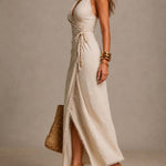 Beige faux-linen wrap maxi dress with lace trim