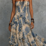 Elegant strapless printed chiffon maxi dress with  ruffles