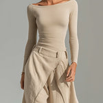 Delphine | Beige Boat Neck Top and Wide Ruffled Pants