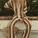 Loose V-Neck Fashion Hollow Out Striped Shirt Wide Leg Pants Set