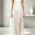 Hot, Sexy Babe Solid Color Off Shoulder Tassel Hem Maxi Dress
