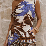 Unique Printed Asymmetrical Off-shoulder Top and Elastic Waist Casual Pocket Shorts Set