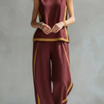Linen Blend Color-blocked Round Neck Sleeveless Loose Top and Elastic Waist Casual Pocket Wide-leg Pants Set