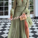 Geisha Lightweight Crepe Feather Trim Sleeve Ruched Waist Slit Maxi Dress
