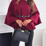 Women's solid color belted wool blend cape coat