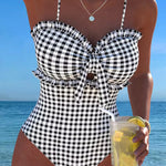 Slimming Strapless Striped and Checkered One-Piece Swimsuit