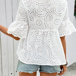 Women's White Short-Sleeve Shirt with Openwork Embroidery
