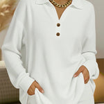Stylish Solid-Color Loose-Fit Long-Sleeve Waffle-Knit Pullover with V-Neck and Buttons