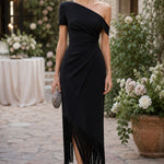 Elegant One-Shoulder Fringe Hem Midi Dress