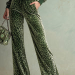 Retro Elegant Green Leopard Print Hooded Velvet Jumpsuit