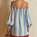Blue and white striped off-the-shoulder mini dress with a contrasting hem