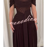 Maguire Chiffon Ruched Floral Lace Patchwork Off Shoulder Drape Gown Maxi Dress