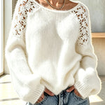Faux Mink Knit Crochet Flowers Shoulder Wide Neck Long Sleeve Loose Sweater