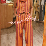 City Outfit Colorful Stripes Button Up Vest and Elastic Waist Pocket Loose Pants Set