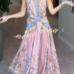 Chapel Linen Blend Floral Print Cutout Tie-up Waist Pocket Halter Backless Maxi Dress