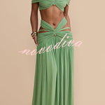 Martina Stretch Mesh Gold Metal Detail Gathered Cutout Waist Vacation Maxi Skirt