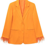 Chic Day Button Up Feather Trim Long Sleeve Pocketed Lapel Blazer