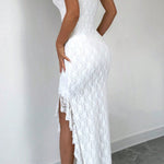 Solid Color Sleeveless Off-shoulder Slim Fit Slit Ruffle Maxi Dress