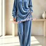 Velvet Button Detail Shirt Neck Top and Elastic Waist Pocket Wide Leg Pants Set