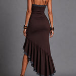 Retro Lace-Trimmed Ruffled-Hem High-Slit Maxi Dress