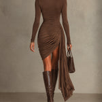 Brown Turtleneck Long Sleeve Ruched Wrap Mini Dress