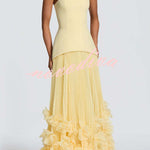 Serafina Strapless Back Lace-up Handcrafted Floral Appliqués Pleated Hem Gown Maxi Dress