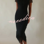 Solid Color V-neck Off-shoulder Slim-fit Tassel Midi Dress
