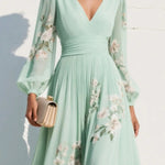 Floral Print V-neck Long-sleeved Fitted Waist Casual Maxi Dress