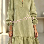 Suede Zipper Neck Long Balloon Sleeve Ruffle Hem Mini Dress