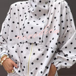 Kadence Polka Dot Zipper Lapel High Neck Drawstring Hem Sporty Jacket