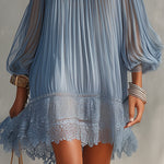 Celeste | Mini Blue Dress with Off-Shoulder Ruching and Lace Hem