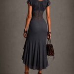 Dark Grey Pleated Lace Midi Dress