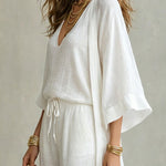 Linen Blend Solid Color Loose Cardigan V-neck Sleeveless Vest and Elastic Waist Pocket Straight Leg Pants Three-piece Set