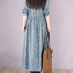 Vintage Floral Printed Ramie Cotton Loose Midi Dress