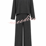 High Level Striped High Neck Long Slit Sleeve Top and Elastic Waist Pocket Loose Pants Set